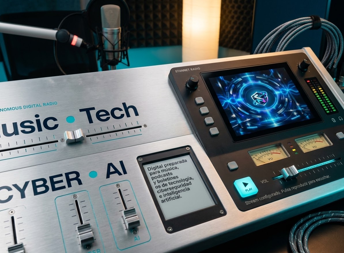 Consola de StanNet Radio con controles Music, Tech, Cyber y AI.
